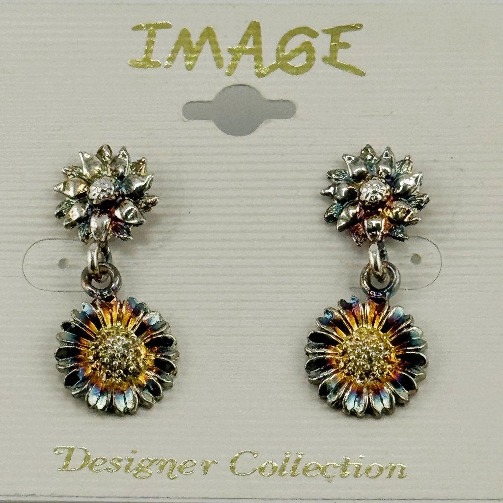 Multi Color Oxidized Metal Earrings, Image, Nwot, On Original Card, Floral Style